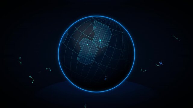 Futuristic glowing blue wireframe earth with digital network connections and data nodes rotating on dark background