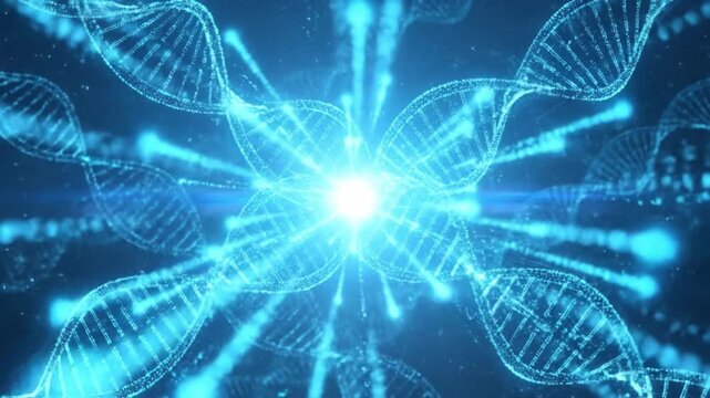 Digital DNA strand genetic code molecular structure blue light glowing science futuristic biotechnology double helix abstract technology biology medical research data visualization spiral network
