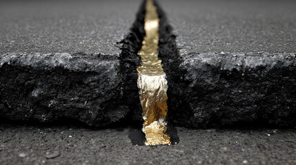 Fototapeta premium Cracked dark asphalt surface with flowing liquid metal gold copper fissures macro detail rough smooth contrast industrial brutalist texture background