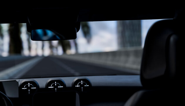 Interior view from a car, looking out through the windshield at a blurry highway scene. Illustration, rendering