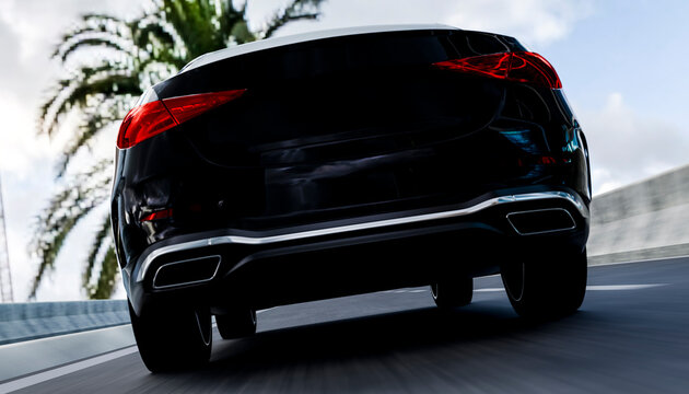 Black luxury car with sleek design driving on a highway under a clear sky.   Illustration, rendering