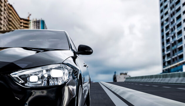 Black car driving on an urban road with high-rise buildings in the background. Illustration, rendering