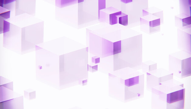 Abstract 3D rendering of floating purple and white cubes on a bright background. Illustration, rendering