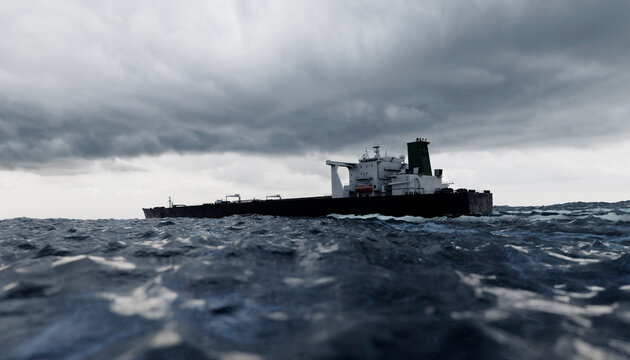 Large cargo ship navigates through rough sea under dramatic, stormy skies. Illustration, rendering
