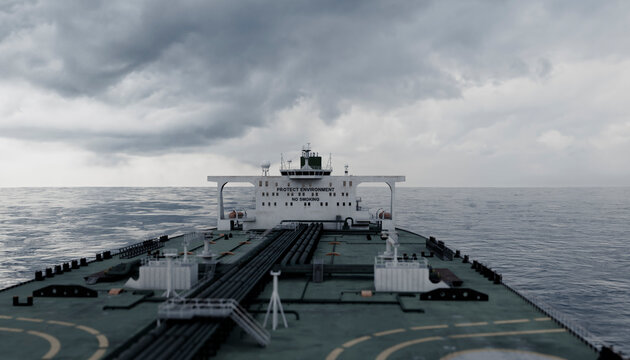 A large cargo ship sails under overcast skies on a calm ocean, with a focus on the stern. Illustration, rendering