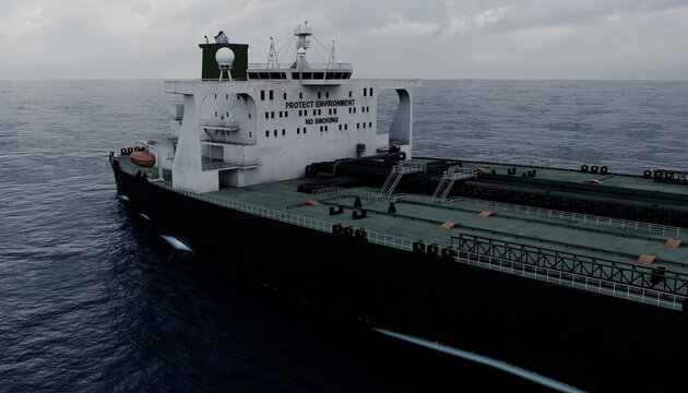Large cargo ship with environmental message sailing through vast ocean under cloudy skies. Illustration, rendering