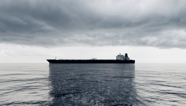 Large cargo ship sails under dramatic skies on calm ocean waters. Illustration, rendering