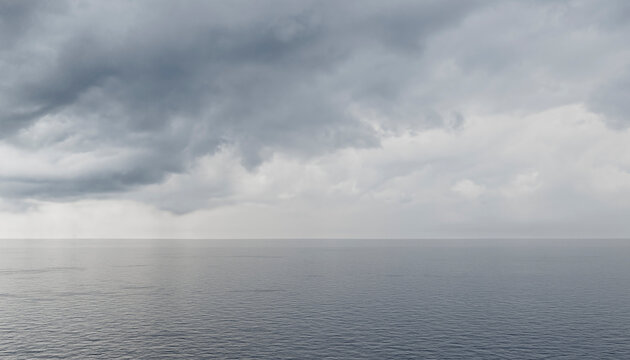 A vast expanse of calm ocean under a dramatic, cloudy sky with a serene atmosphere. Illustration, rendering