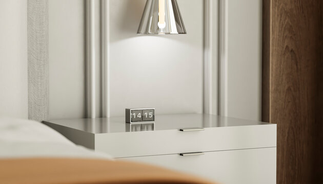Modern bedroom nightstand with a sleek lamp and digital clock. Illustration, rendering
