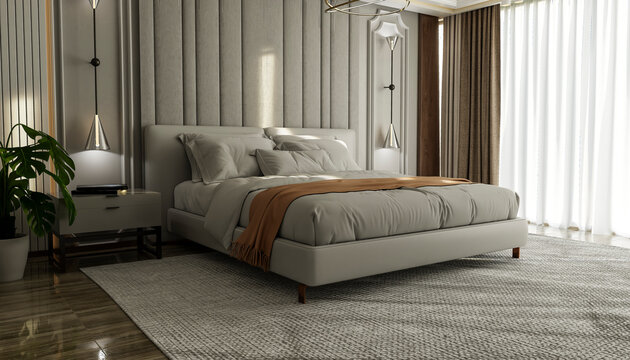 Modern bedroom with gray tones, a plush bed, curtains, and elegant lighting. Illustration, rendering