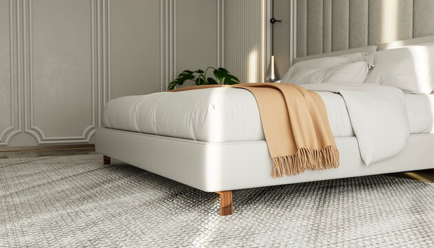 Elegant bedroom with a modern bed, white linens, and a beige throw, bathed in natural light. Illustration, rendering