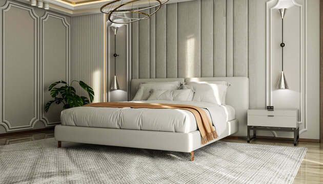 Elegant modern bedroom with a large bed, beige rug, and plant by the window. Illustration, rendering