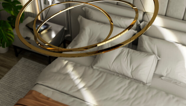 Elegant bedroom with modern gold ring chandelier above a neatly made bed. Illustration, rendering
