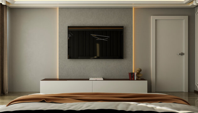 Modern bedroom interior with wall-mounted TV and stylish decor in neutral tones. Illustration, rendering