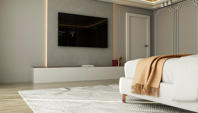 Modern bedroom interior with a bed, throw blanket, wall-mounted TV, and minimalist decor. Illustration, rendering