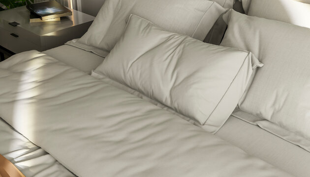 Cozy bedroom scene with neatly arranged white pillows and soft sunlight Illustration, rendering