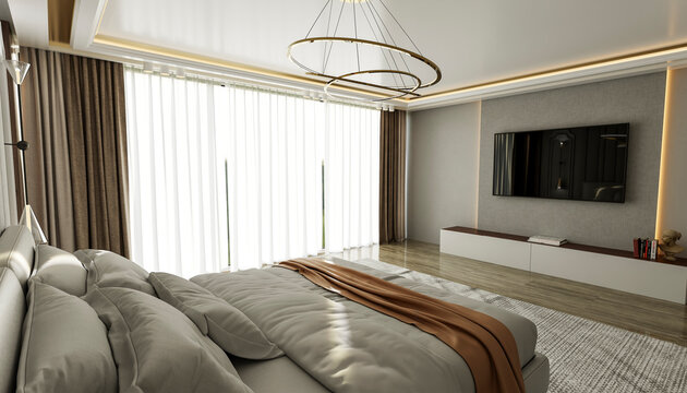 Modern bedroom interior with large bed, elegant lighting, and TV on the wall. Illustration, rendering