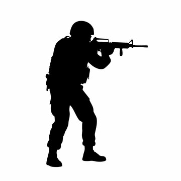 Soldier aims rifle in combat stance on battlefield terrain outdoors
