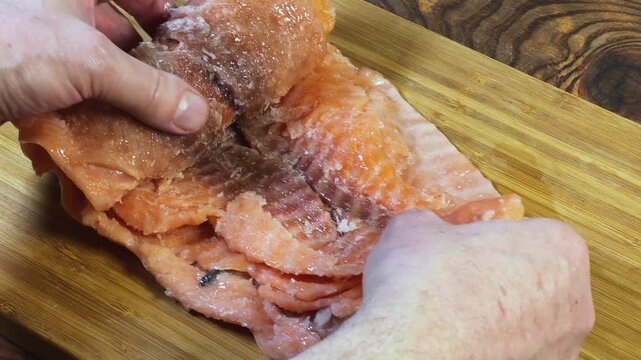 Unrolling of roll of twisted raw thawed slices of salmon