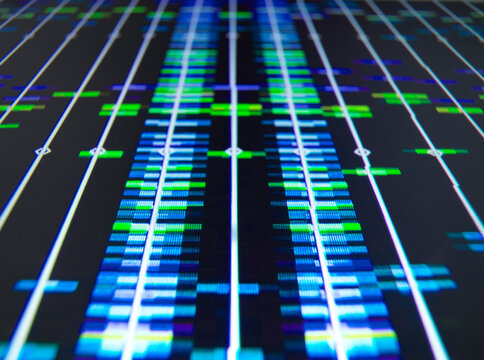 Visual depiction of digital DNA sequence data with vivid blue and green patterns.