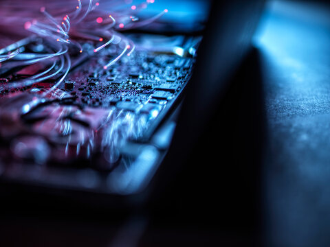 Fibre optics carrying data into a laptop computer