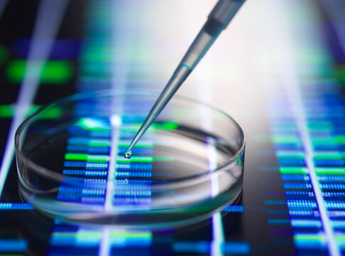 A pipette releasing liquid onto a petri dish with a DNA sequencing background.