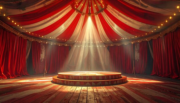 A brightly lit circus stage with red and white curtains