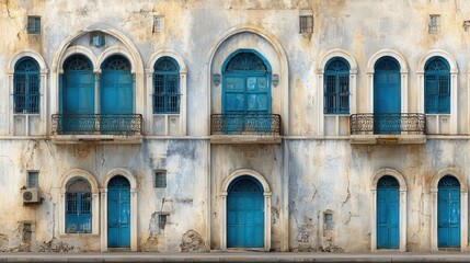 Obraz premium An aged building facade featuring ornate blue doors and windows, evoking a sense of history and charm, ideal for use in travel articles, architectural studies, or cultural heritage projects,