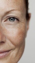 Obraz premium Woman's cropped face showing an eye with noticeable wrinkles and skin textures, subtly smiling and expressing natural aging, genuine beauty, and a gentle, relaxed mood