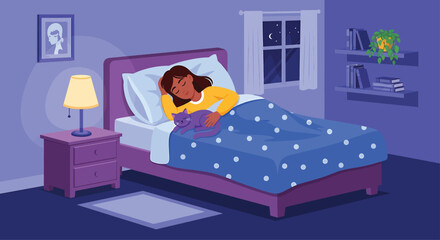 Sleeping Woman in Purple Bedroom with Blue Polka-Dot Blanket © yasirlatif