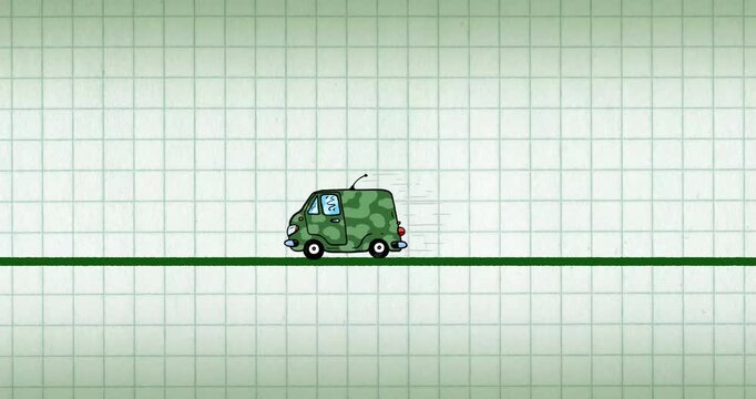   Military small car cartoon animation on exercise book. Fast driving. Seamless loop on smart grid.