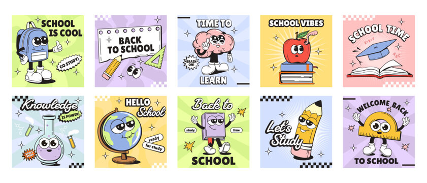Cartoon school supplies characters shown on colorful backgrounds as an education concept for learning themes. Vector illustration