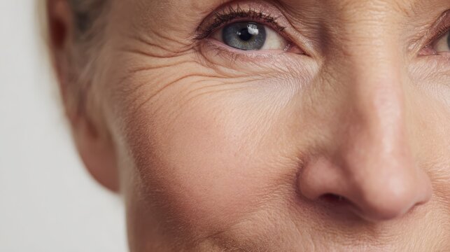 Senior woman's eye with natural wrinkles showing the effects of aging, mature skin texture and expression lines around the eye, reflecting beauty and anti aging concepts
