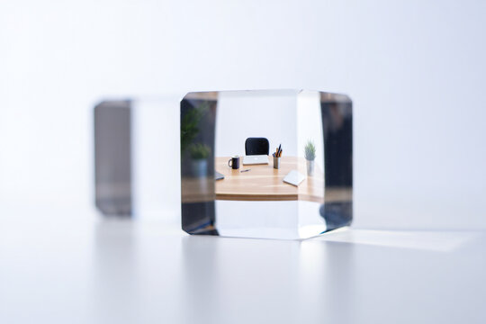 Small office setup with laptop and plant reflected in a crystal cube on a white background emphasizing clarity and modern workspace design