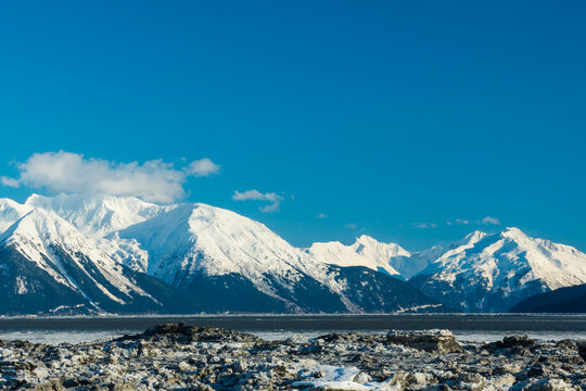 Snowy mountain range under a clear blue sky with rocky foreground. Bird Point, Alaska, USA