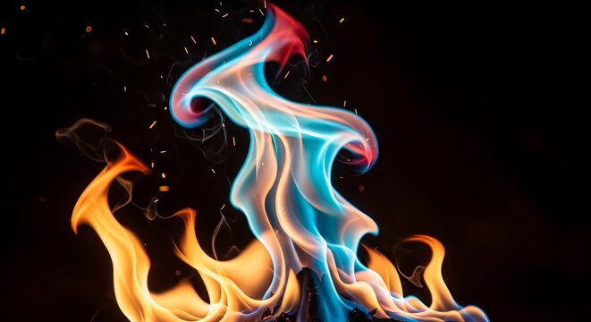 Dynamic interplay of vibrant blue and orange flames creating a mesmerizing abstract spectacle of heat and light energy on a dark background