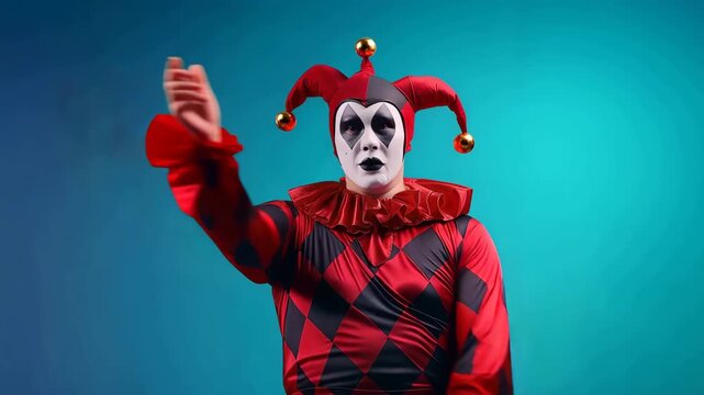 補色の青系グラデ背景で赤黒の衣装を際立たせた全身像