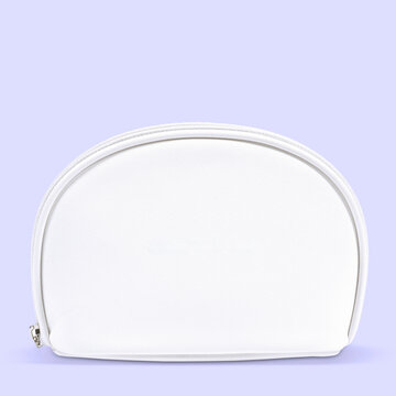 White semicircular bag with zipper on a pastel purple background