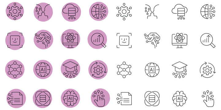 Hand-drawn cartoon and doodle set of artificial intelligence icons on a white background.
