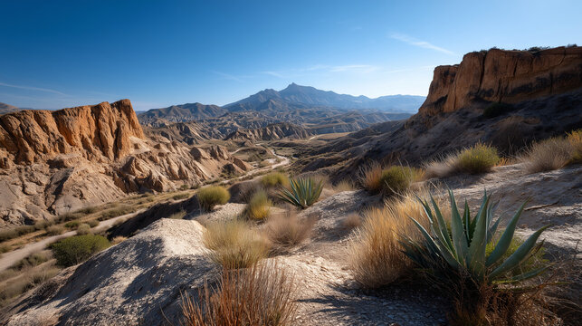 Tabernas Desert sunlit ravines and dry riverbeds, agaves and tamarisks, cinematic western palette of tans and ultramarine sky, painterly poster look, no people, no text