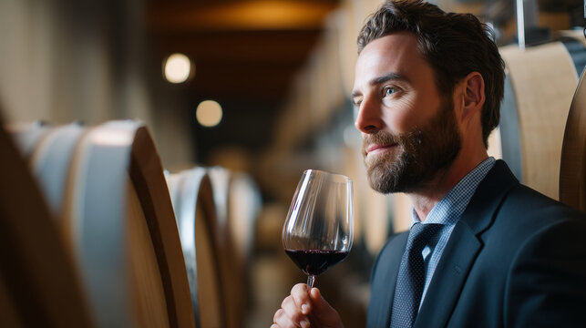 an experienced sommelier holding a wine glass, in a serene wine cellar, gazing at rows of oak barrels, cinematic composition and lighting as in reference, strong depth of field, qu