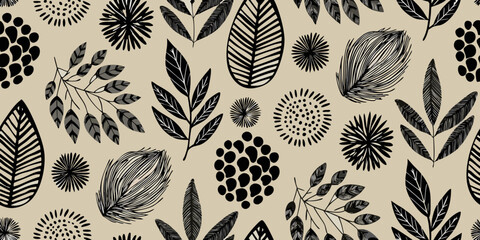 Black and cream botanical illustration featuring various leaf shapes and textures © Tarun
