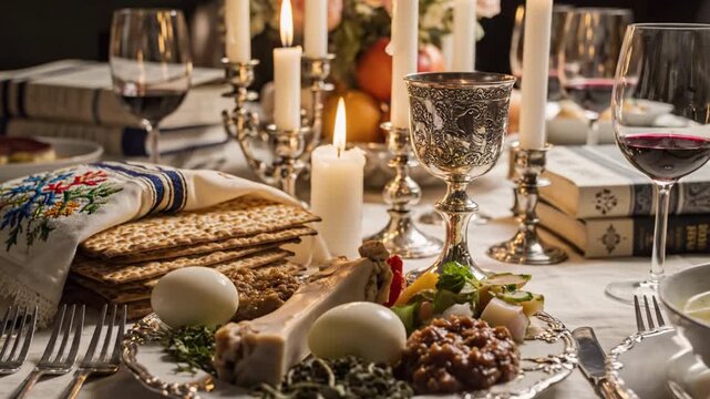 Traditional Passover Seder Table with Matzah Wine and Ritual Items