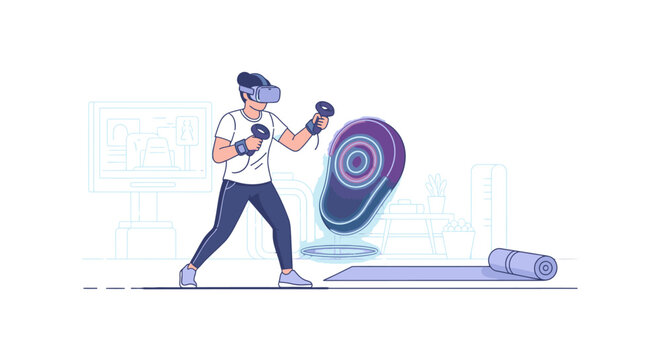 Young woman in a VR headset engaging in a virtual reality boxing workout, hitting a holographic target in a modern home gym setup.