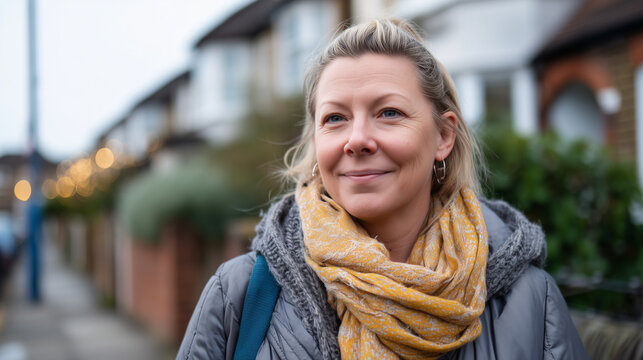person in recovery leaving a support session, walking along a residential UK street with soft evening light, subtle warm accent colour in their scarf or bag, relaxed shoulders, sli