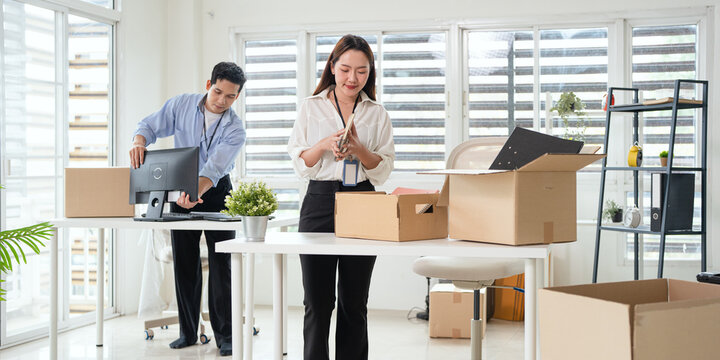 Businessman, packing and office move with box, new job or promotion at professional agency. Staff, box and organization of workspace with company relocation and corporate recruitment employee