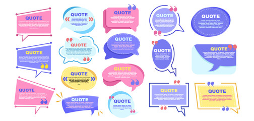 Obraz premium Colorful quote speech bubbles in flat style on white background, expressing communication and creativity. Vector illustration