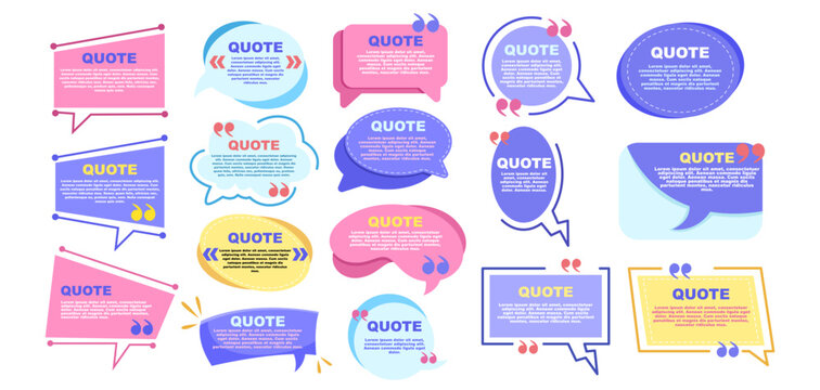 Colorful quote speech bubbles in flat style on white background, expressing communication and creativity. Vector illustration