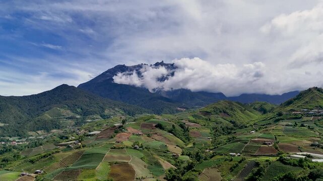 Aerial view of Mt. Kinabalu and agriculture field in Kundasang, Sabah, Malaysia