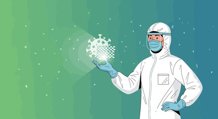 Fototapeta premium Scientist in Hazmat Suit Analyzing Coronavirus Molecule on Digital Interface